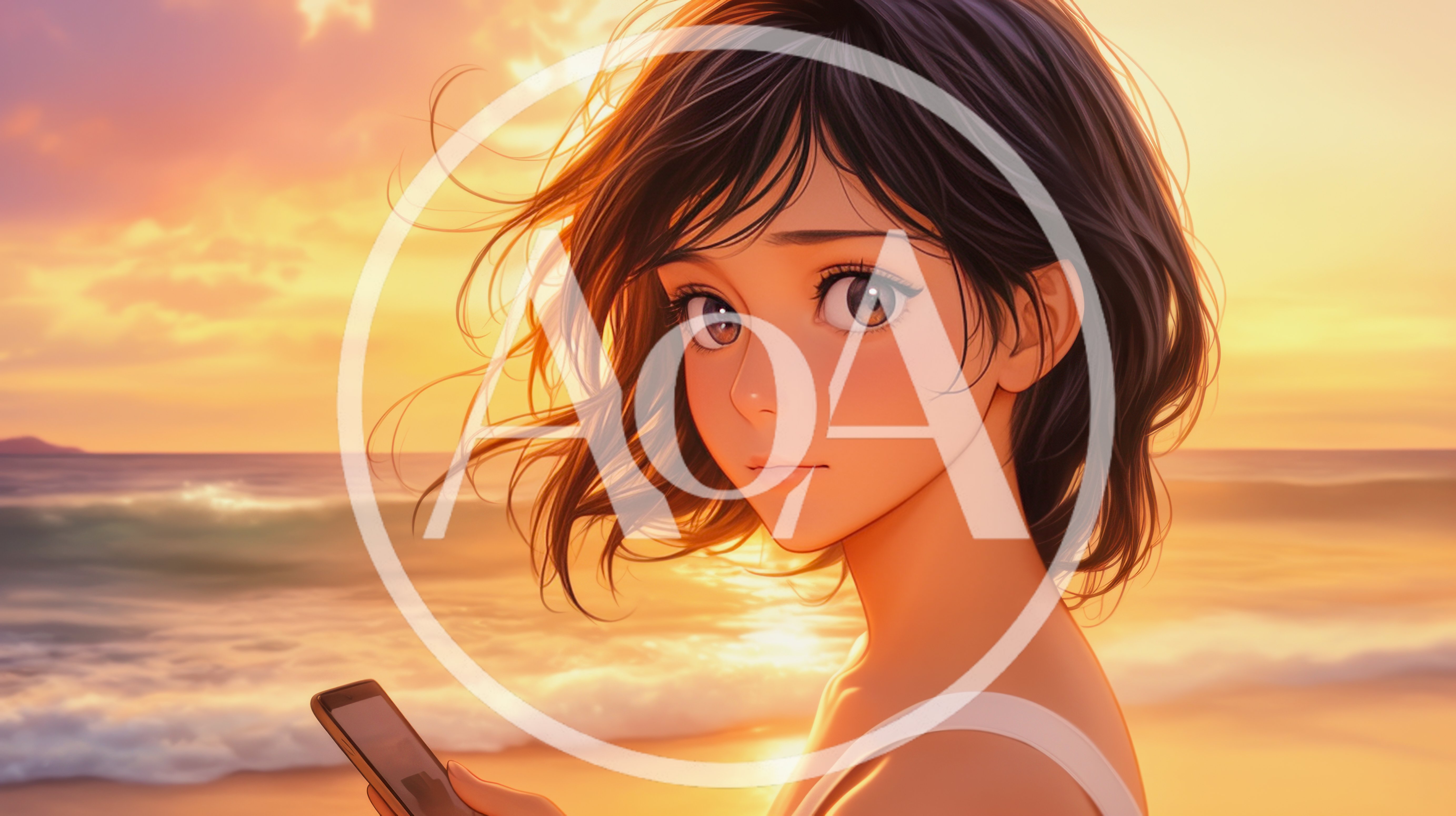 Anime Girl Holding Smartphone At Sunset Beach