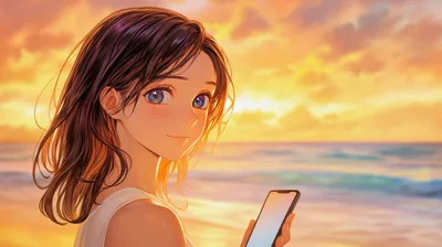 Anime Girl Holding Smartphone At Sunset Beach