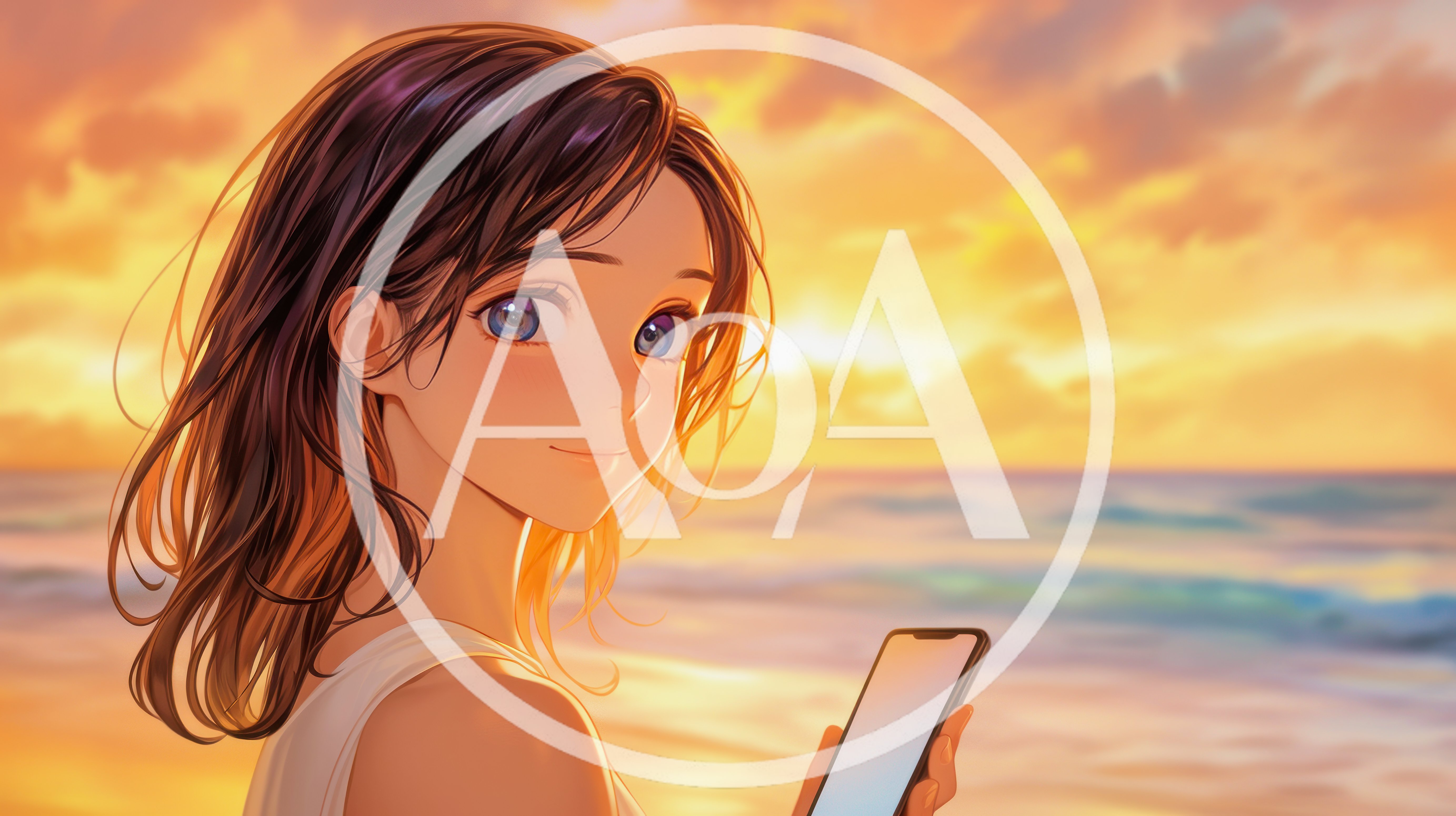 Anime Girl Holding Smartphone At Sunset Beach