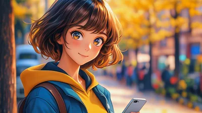 Anime Style Girl Holding Smartphone Outdoors