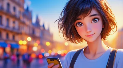 Anime Style Girl Holding Smartphone In City Street