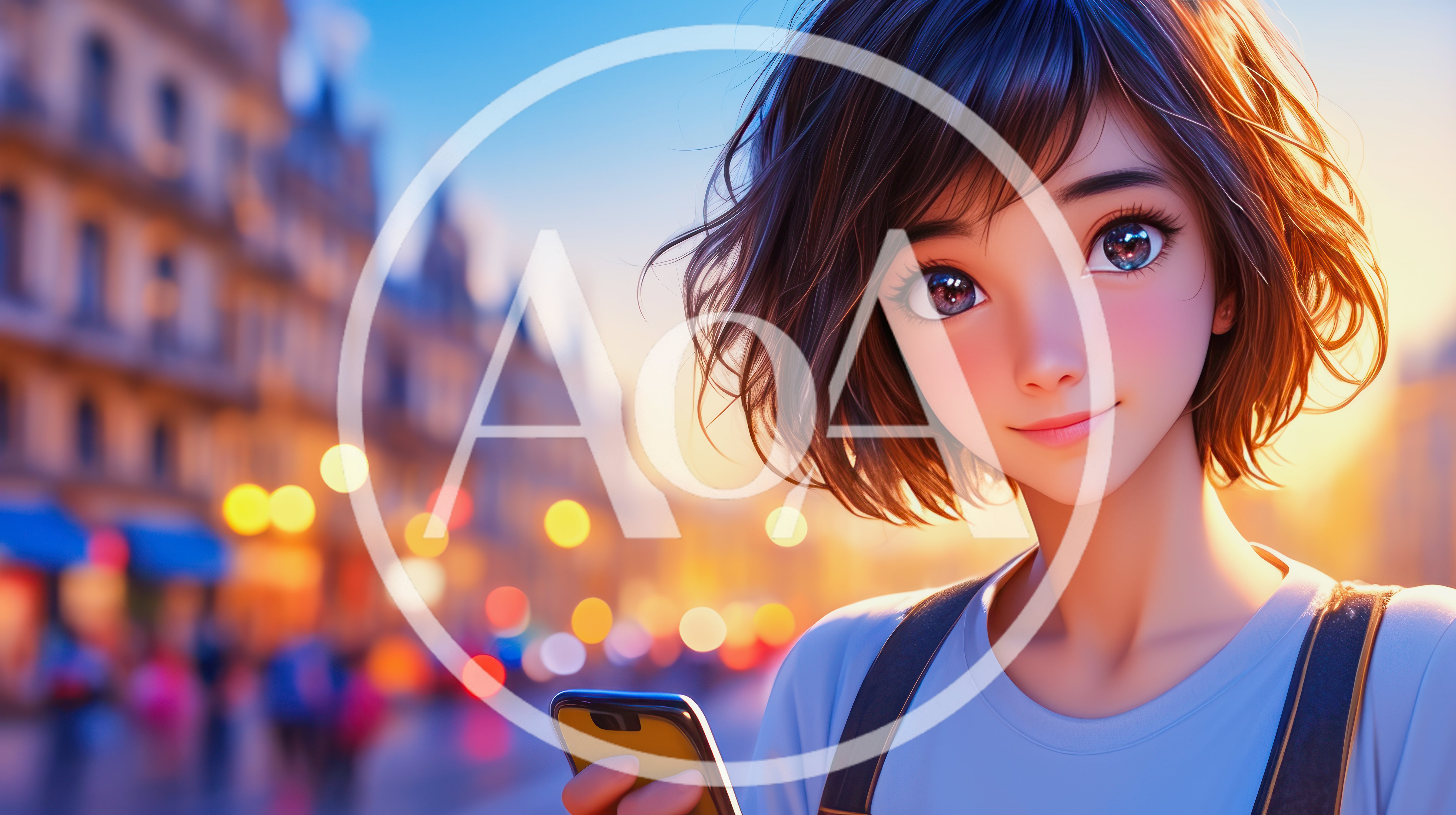 Anime Style Girl Holding Smartphone In City Street