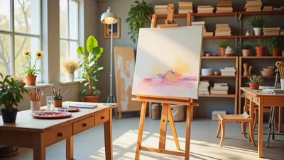 Bright Artist Studio With Easel And Painting