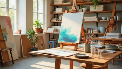 Art Studio Interior With Easel And Painting Supplies
