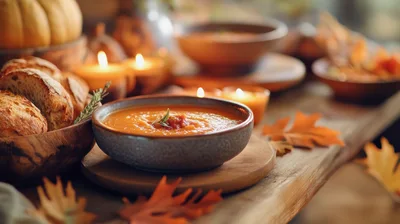 Autumn Pumpkin Soup Served With Crusty Bread
