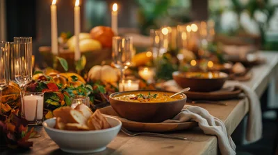 Festive Thanksgiving Dinner Table With Pumpkin Soup