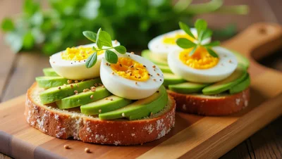 Avocado Toast With Hard Boiled Eggs On Wooden Board