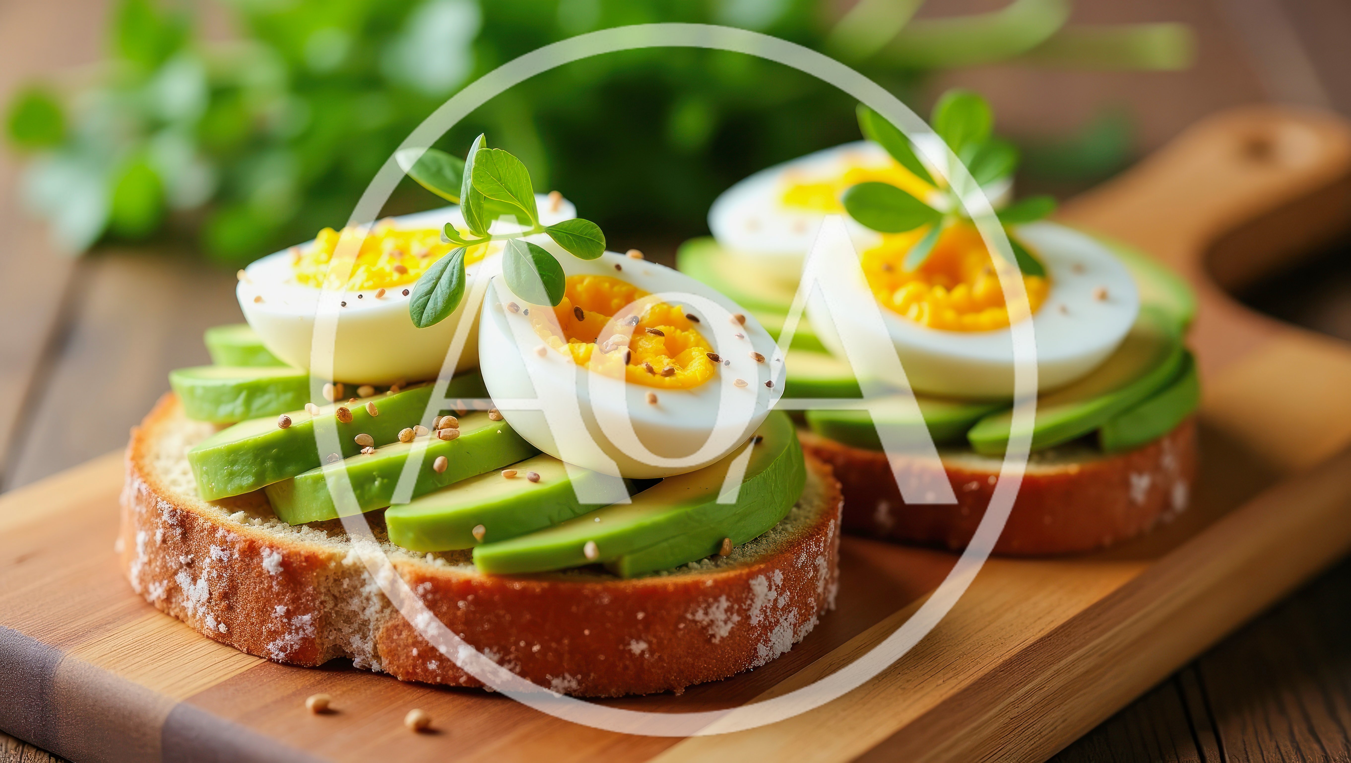 Avocado Toast With Hard Boiled Eggs On Wooden Board