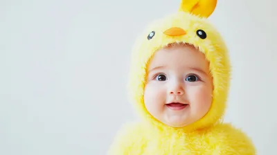 Adorable Baby Wearing A Fluffy Yellow Chick Costume
