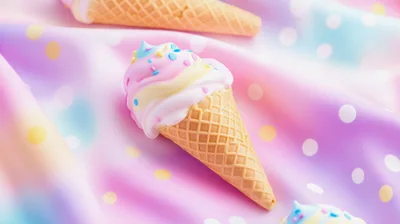 Pastel Ice Cream Cones On Polka Dot Fabric
