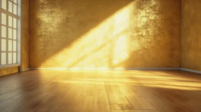 Empty Room With Golden Sunlight Streaming Through Window