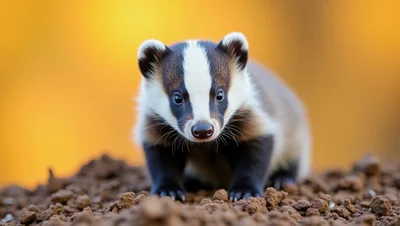 Young European Badger Standing On Brown Soil