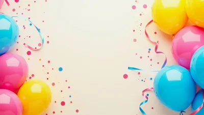Colorful Party Balloons and Confetti on Cream Background