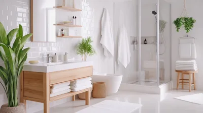 Modern Minimalist Bathroom Interior With Wooden Vanity