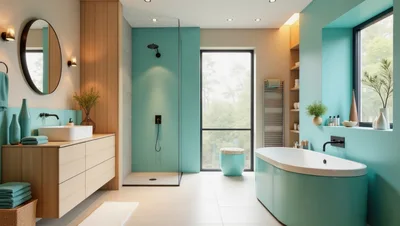 Modern Bathroom Interior With Teal Walls And Wood Accents