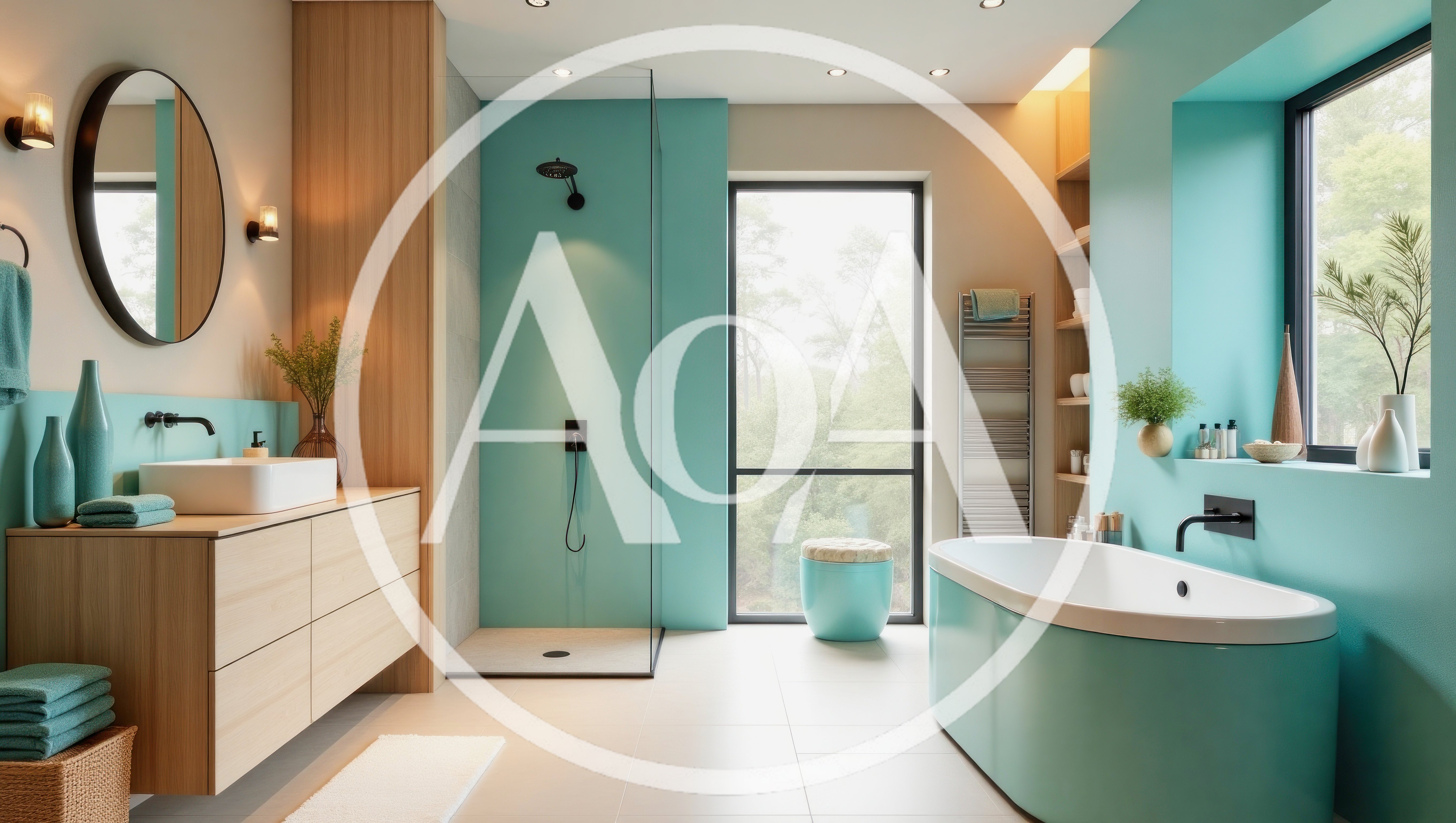 Modern Bathroom Interior With Teal Walls And Wood Accents