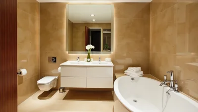 Modern Luxury Bathroom Interior With Bathtub And Vanity