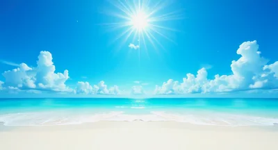 Tropical Beach Landscape With Bright Sun And Clouds
