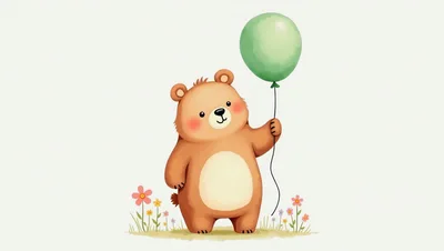 Cute Cartoon Bear Holding A Green Balloon