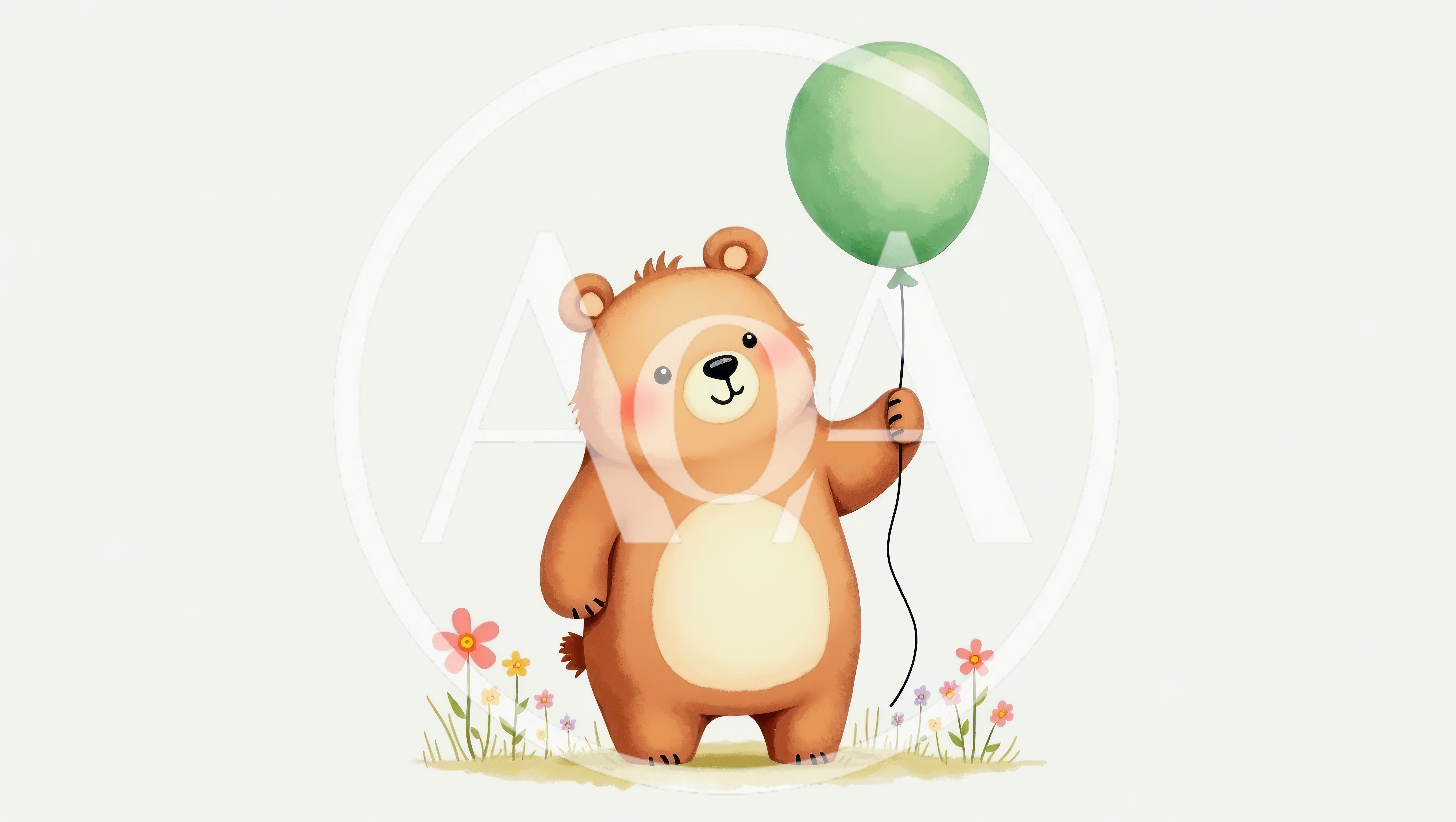 Cute Cartoon Bear Holding A Green Balloon