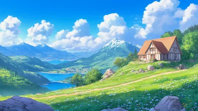 Anime Style Cottage Overlooking A Mountain Lake