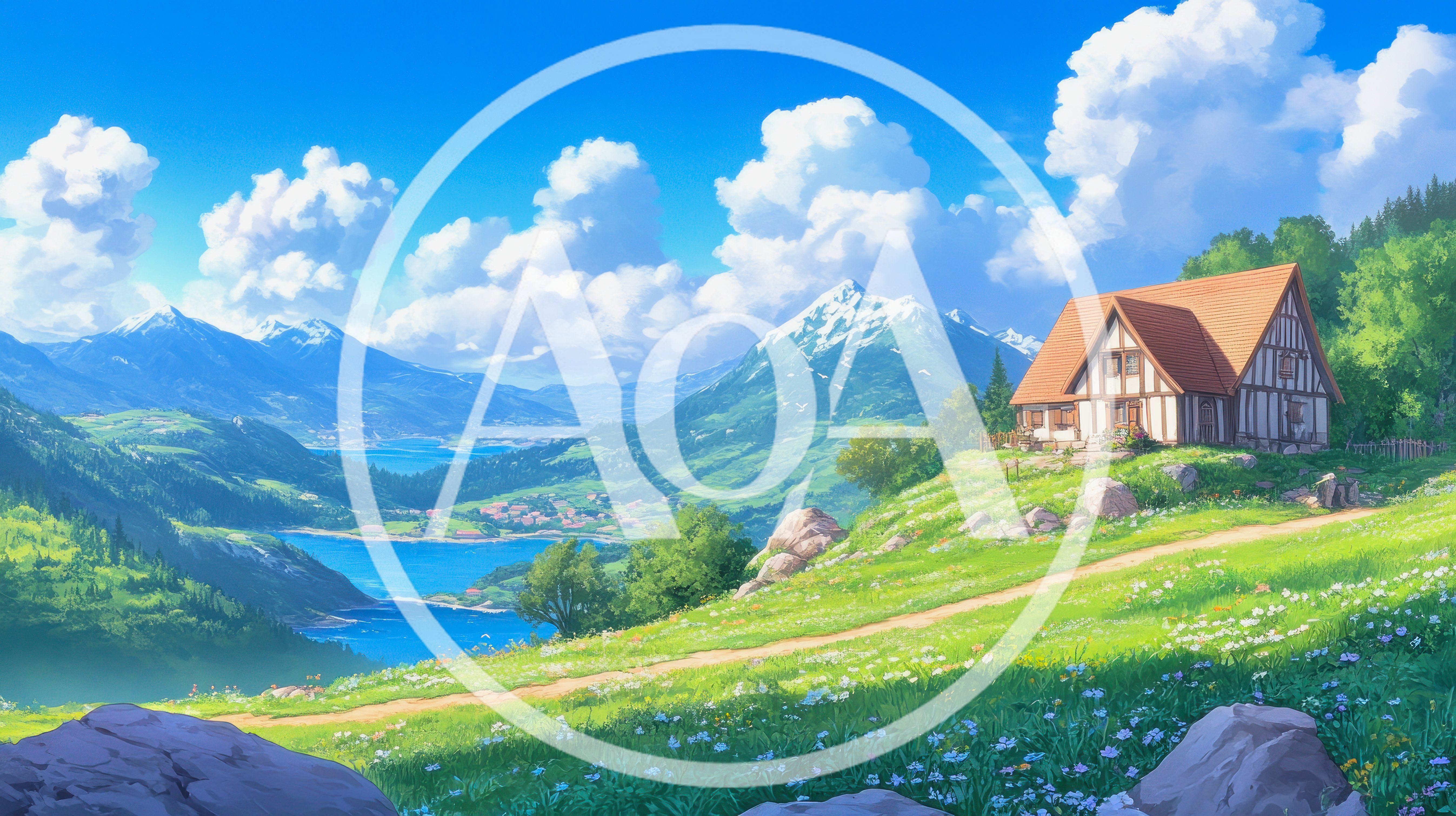 Anime Style Cottage Overlooking A Mountain Lake