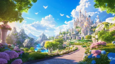 Fantasy Castle Landscape With Lush Gardens And Mountains