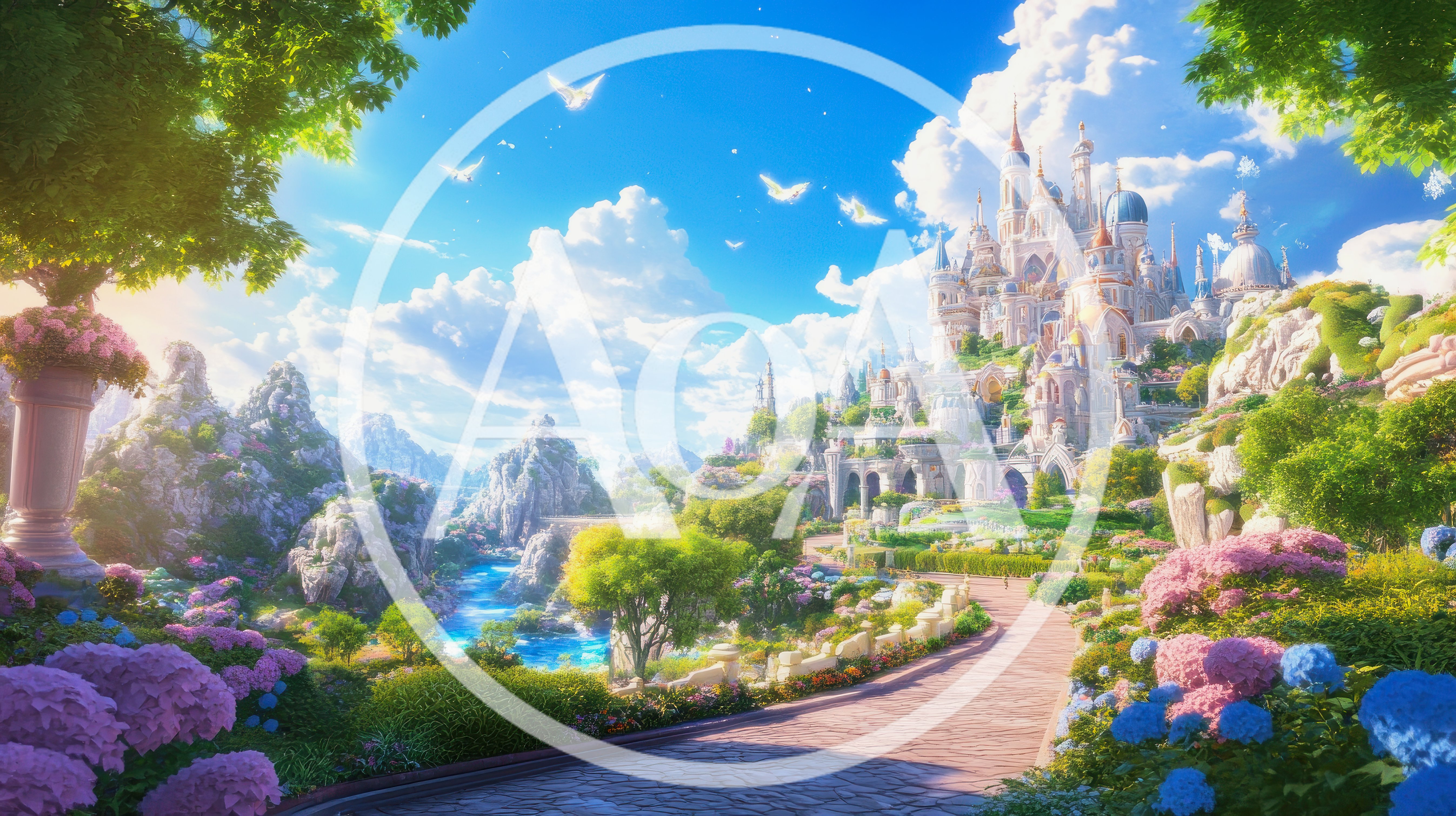 Fantasy Castle Landscape With Lush Gardens And Mountains