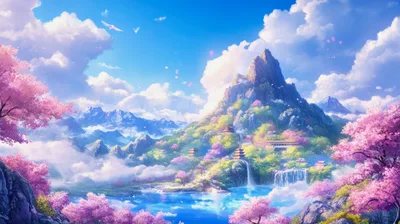 Fantasy Mountain Landscape With Cherry Blossoms And Waterfalls