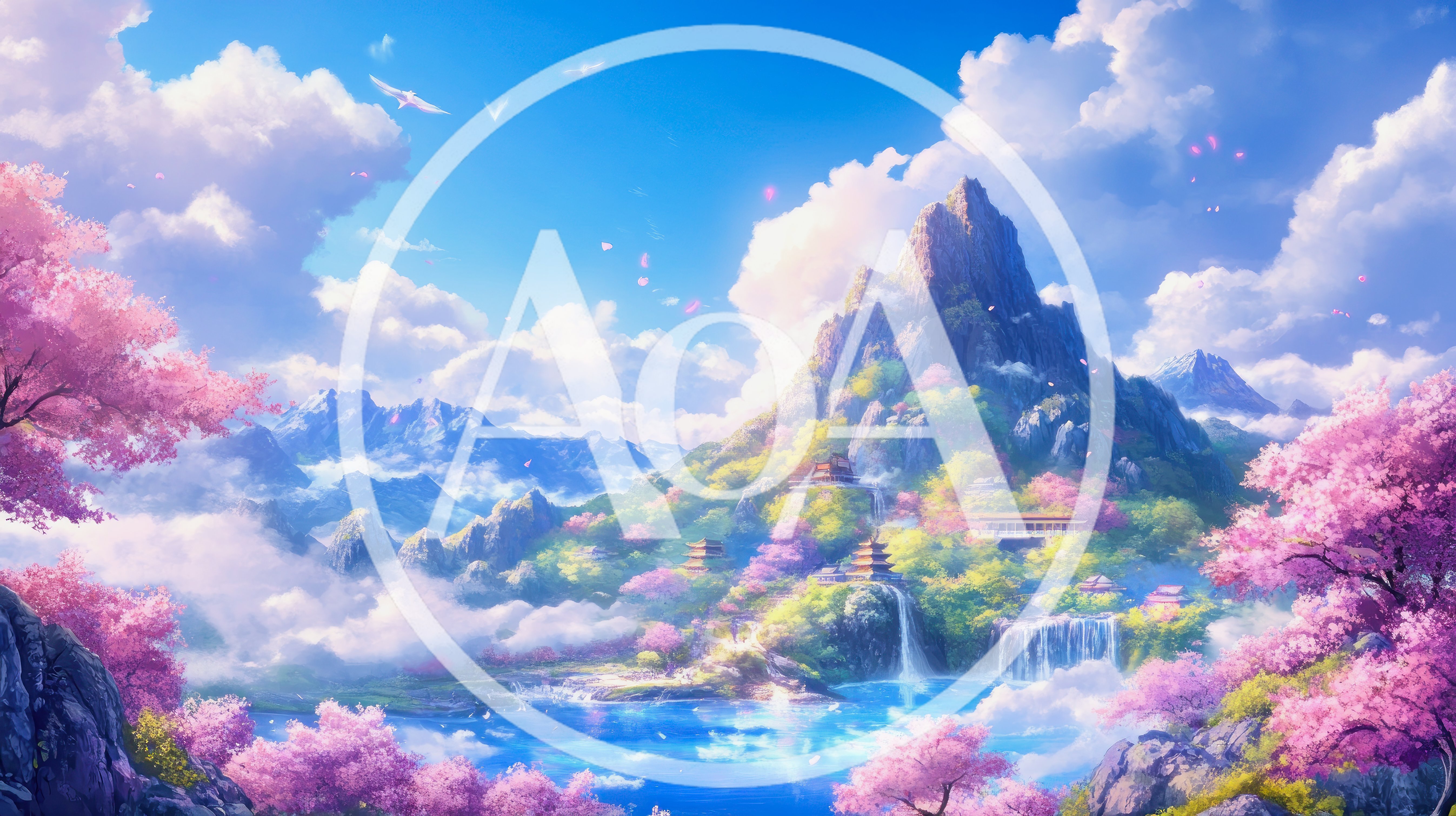 Fantasy Mountain Landscape With Cherry Blossoms And Waterfalls