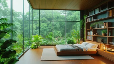 Modern Bedroom With Floor To Ceiling Windows Overlooking Forest
