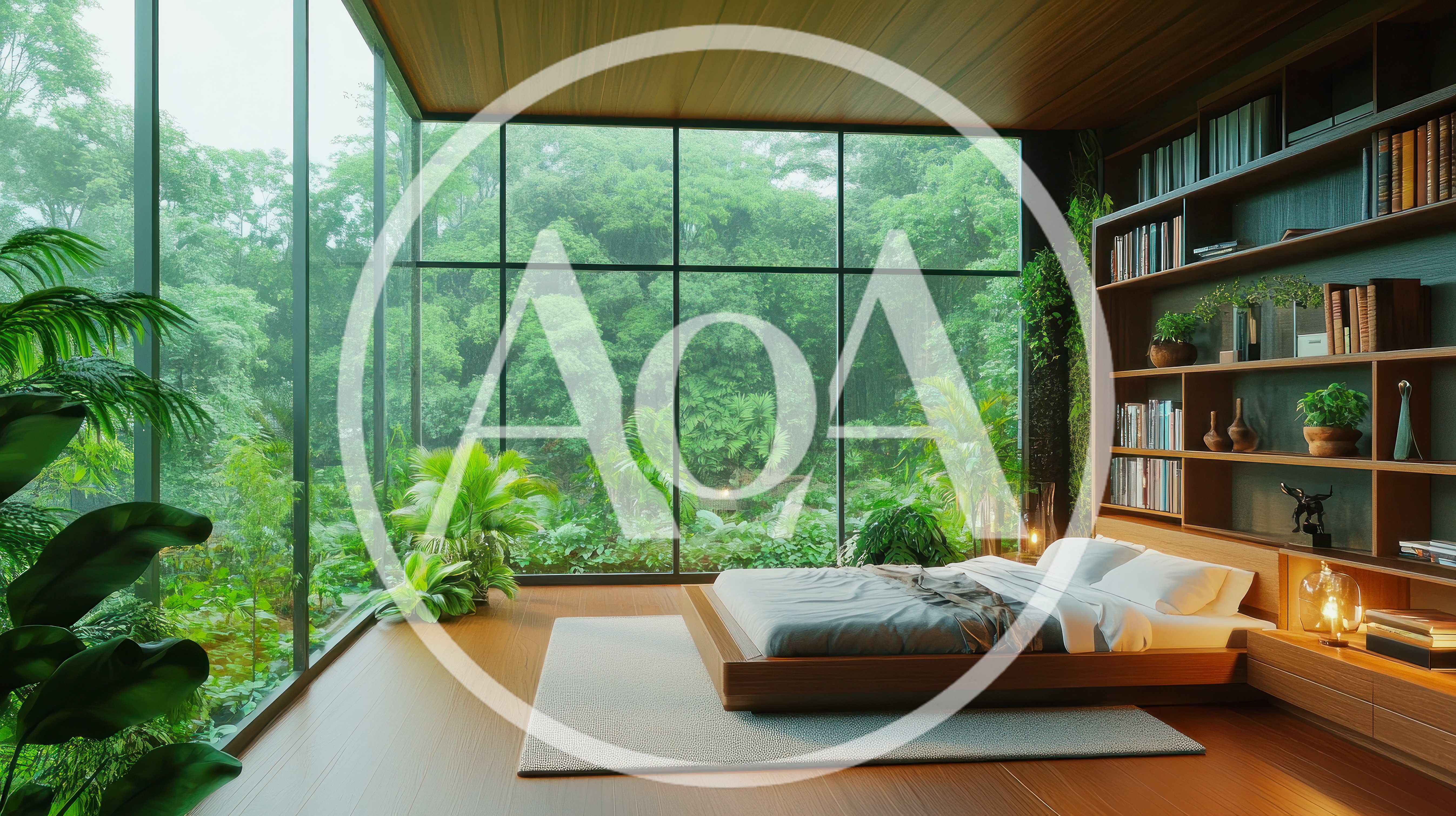 Modern Bedroom With Floor To Ceiling Windows Overlooking Forest