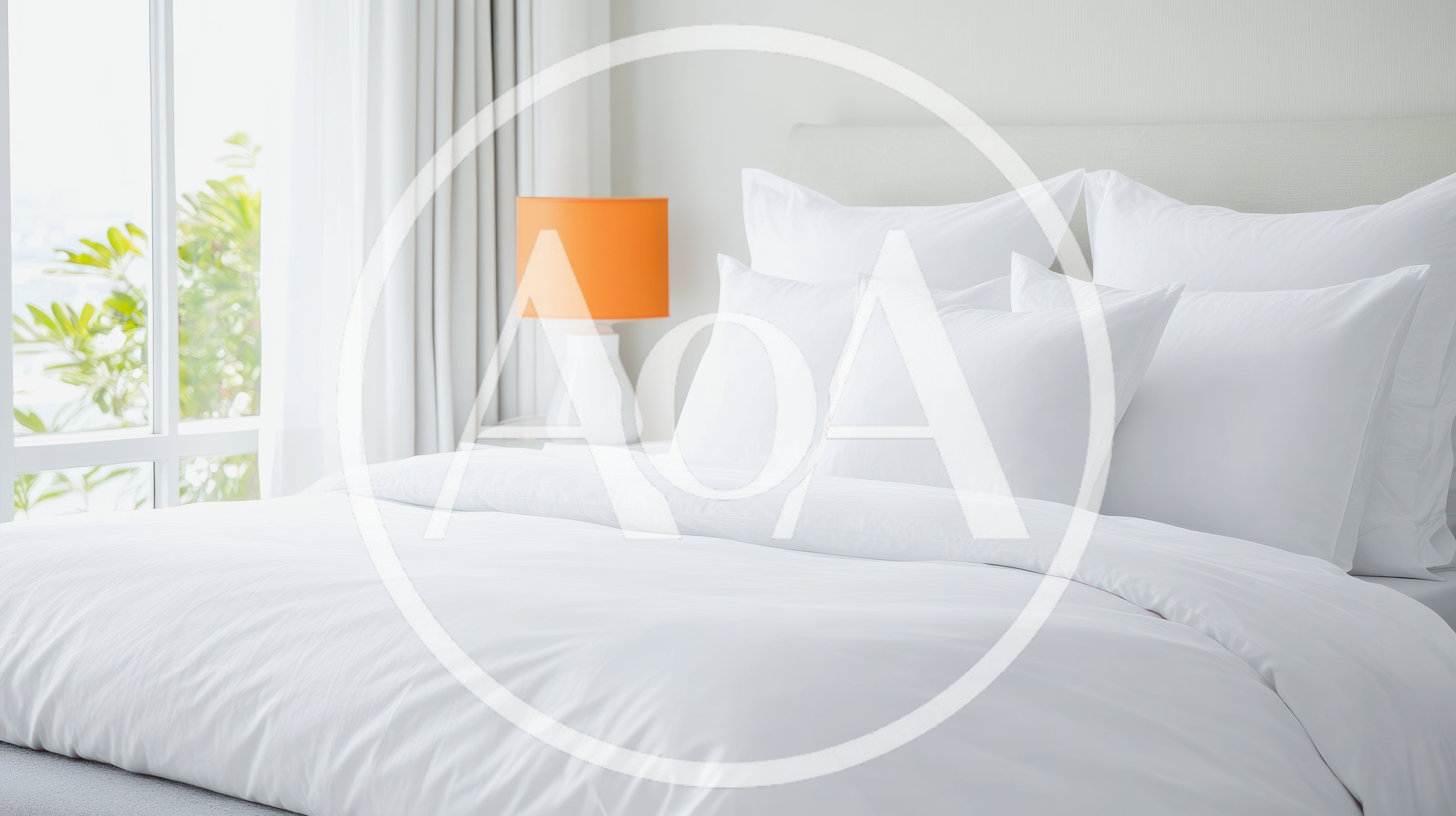 Modern Bedroom Interior With White Bedding And Orange Lamp