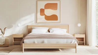 Modern Minimalist Bedroom Interior With Wooden Bed Frame