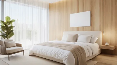 Modern Minimalist Bedroom Interior With Wooden Wall Paneling