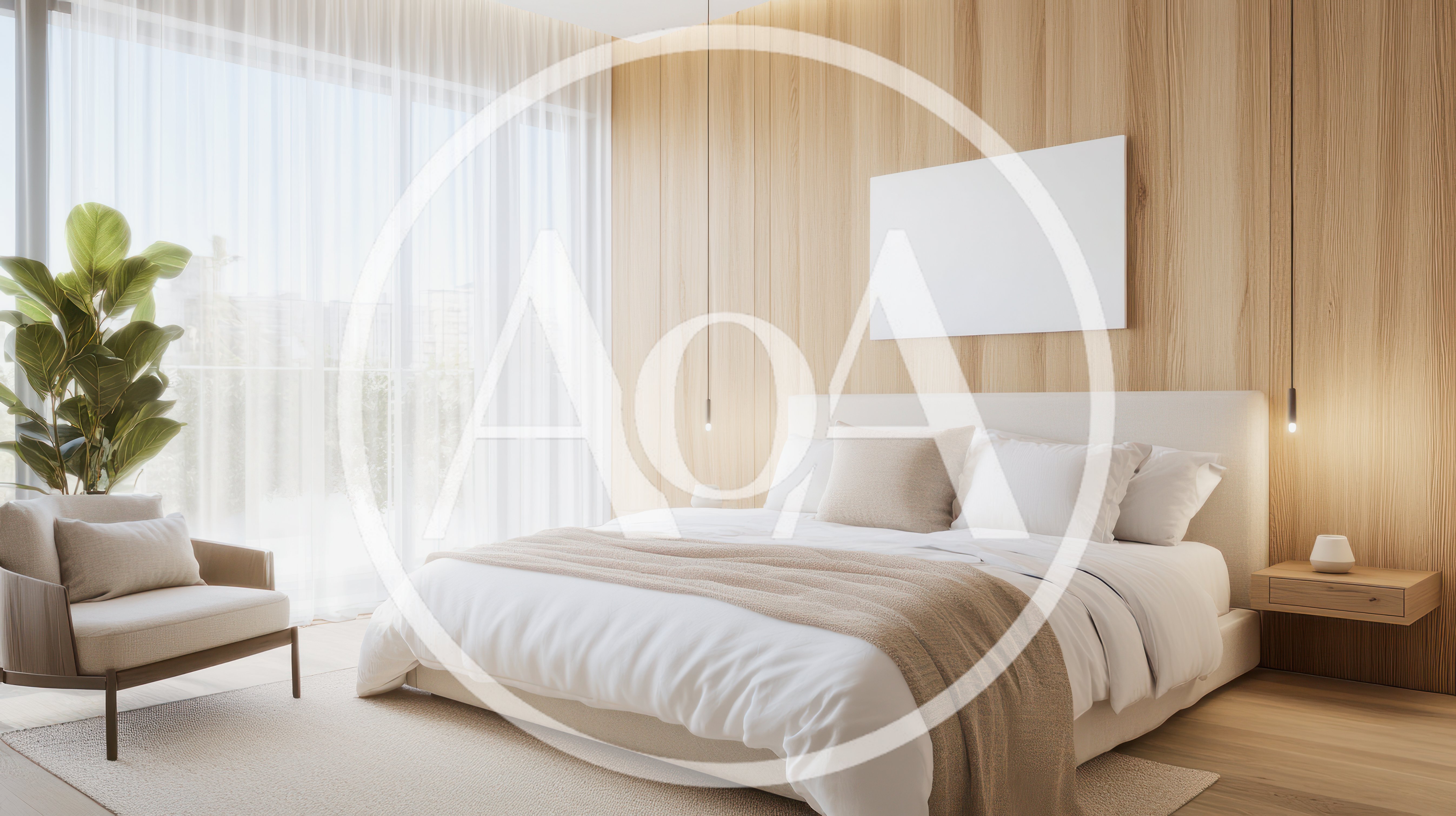Modern Minimalist Bedroom Interior With Wooden Wall Paneling