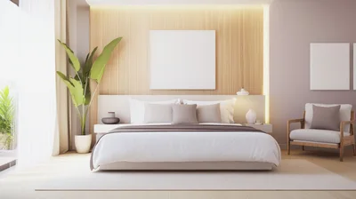 Modern Minimalist Bedroom Interior With Wooden Wall Paneling