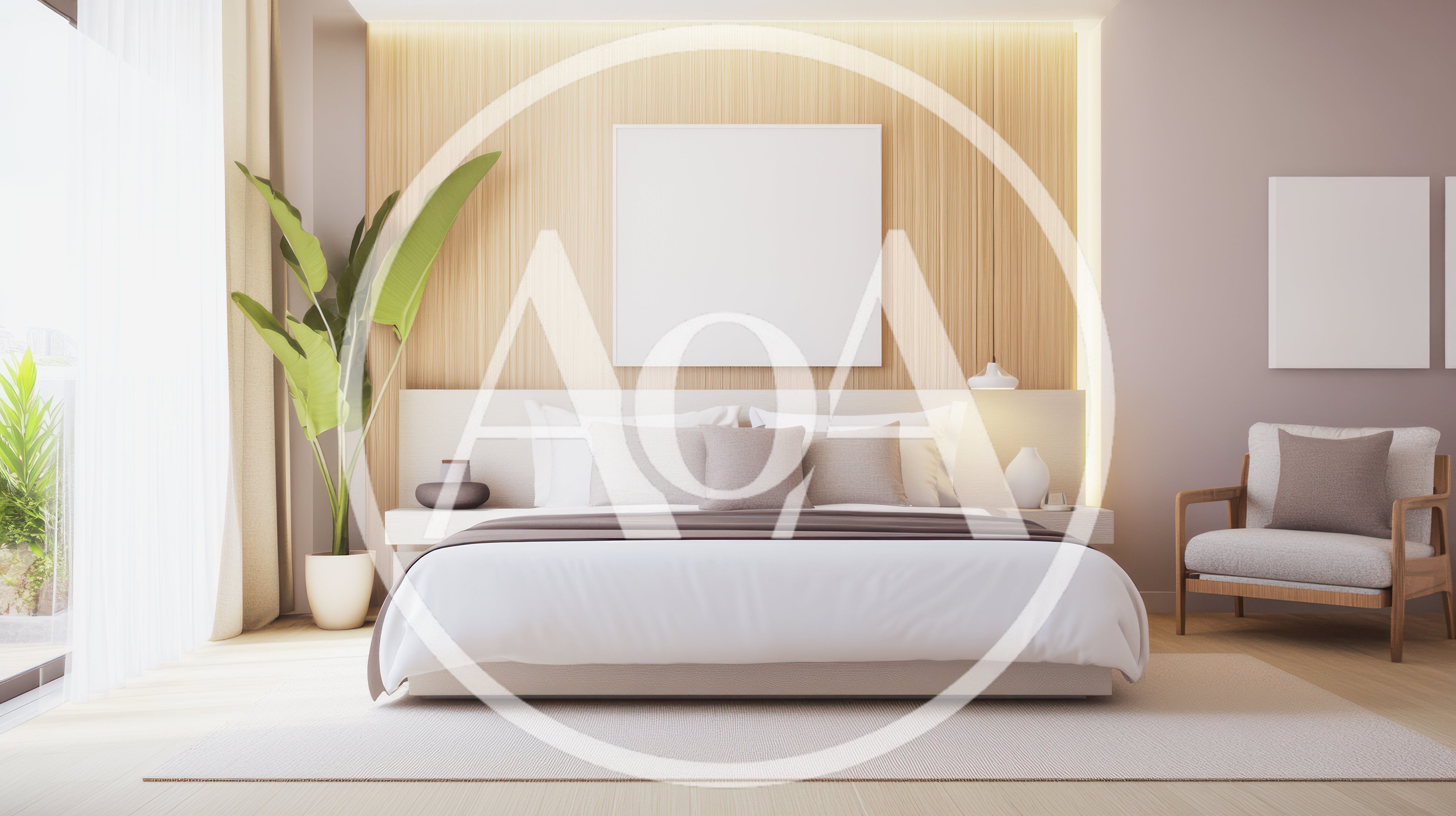 Modern Minimalist Bedroom Interior With Wooden Wall Paneling