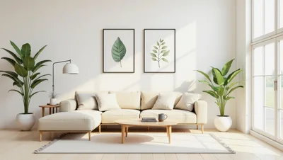 Modern Minimalist Living Room With Beige Sectional Sofa