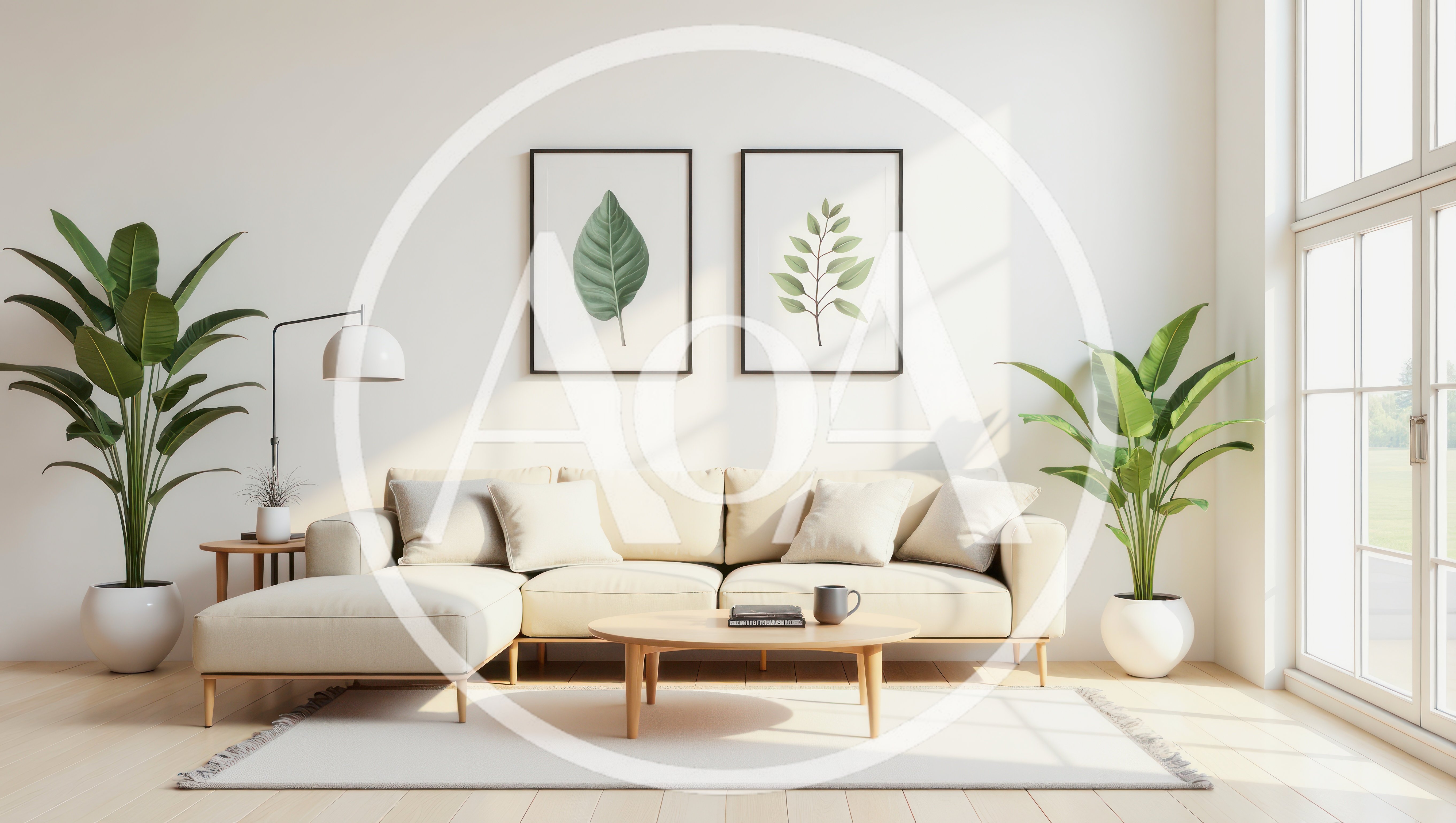 Modern Minimalist Living Room With Beige Sectional Sofa