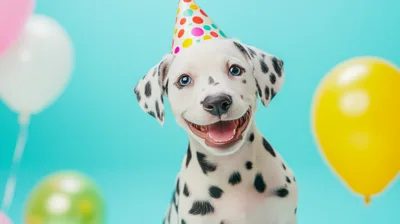 Happy Dalmatian Puppy Wearing A Colorful Party Hat