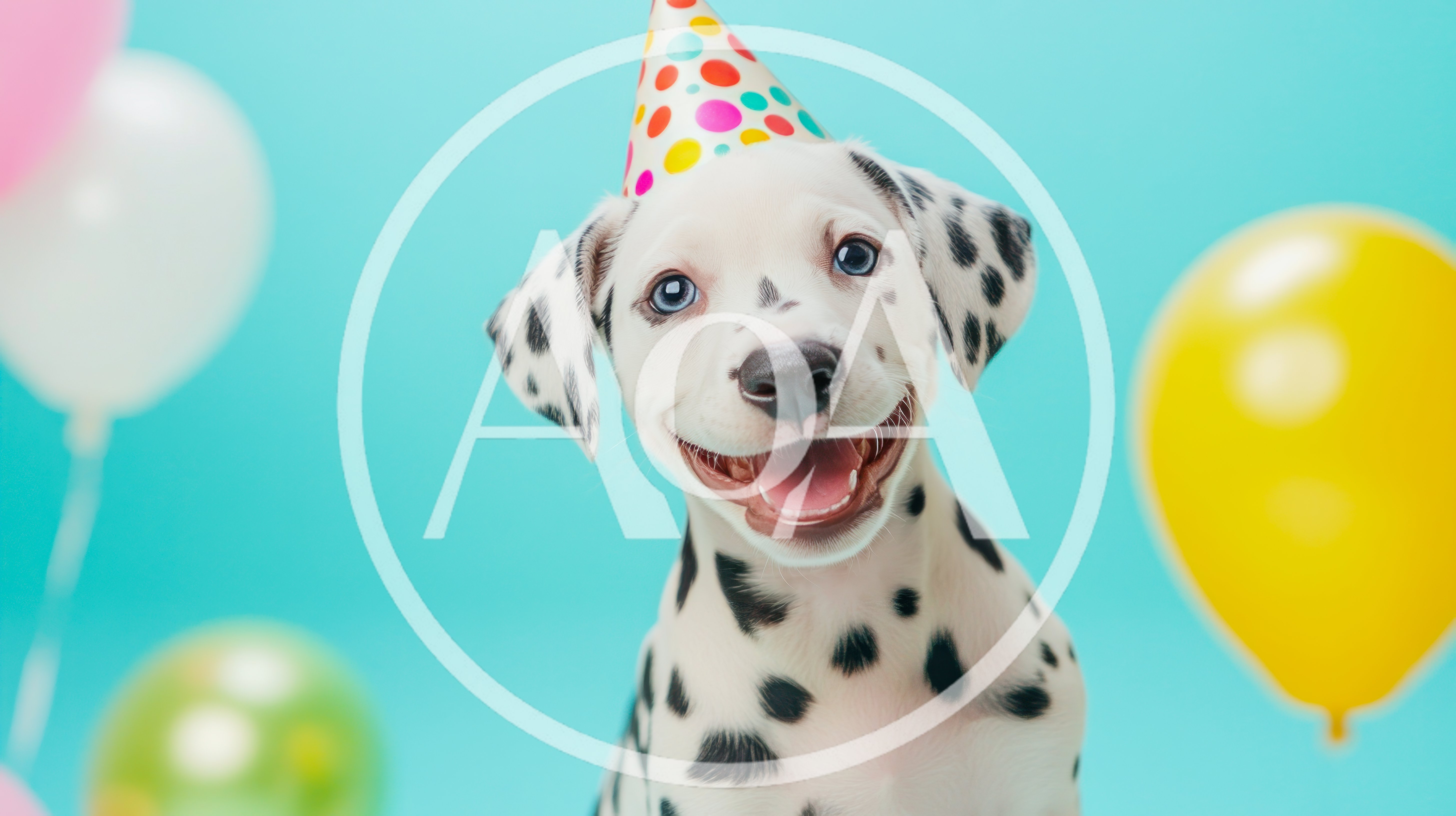 Happy Dalmatian Puppy Wearing A Colorful Party Hat