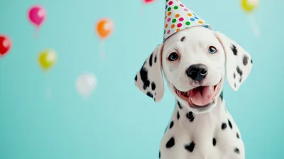 Happy Dalmatian Puppy Wearing A Colorful Party Hat