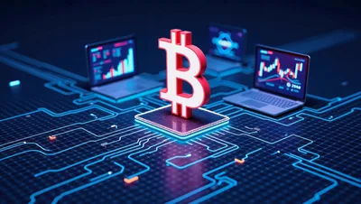 Bitcoin Symbol On Digital Circuit Board With Laptops