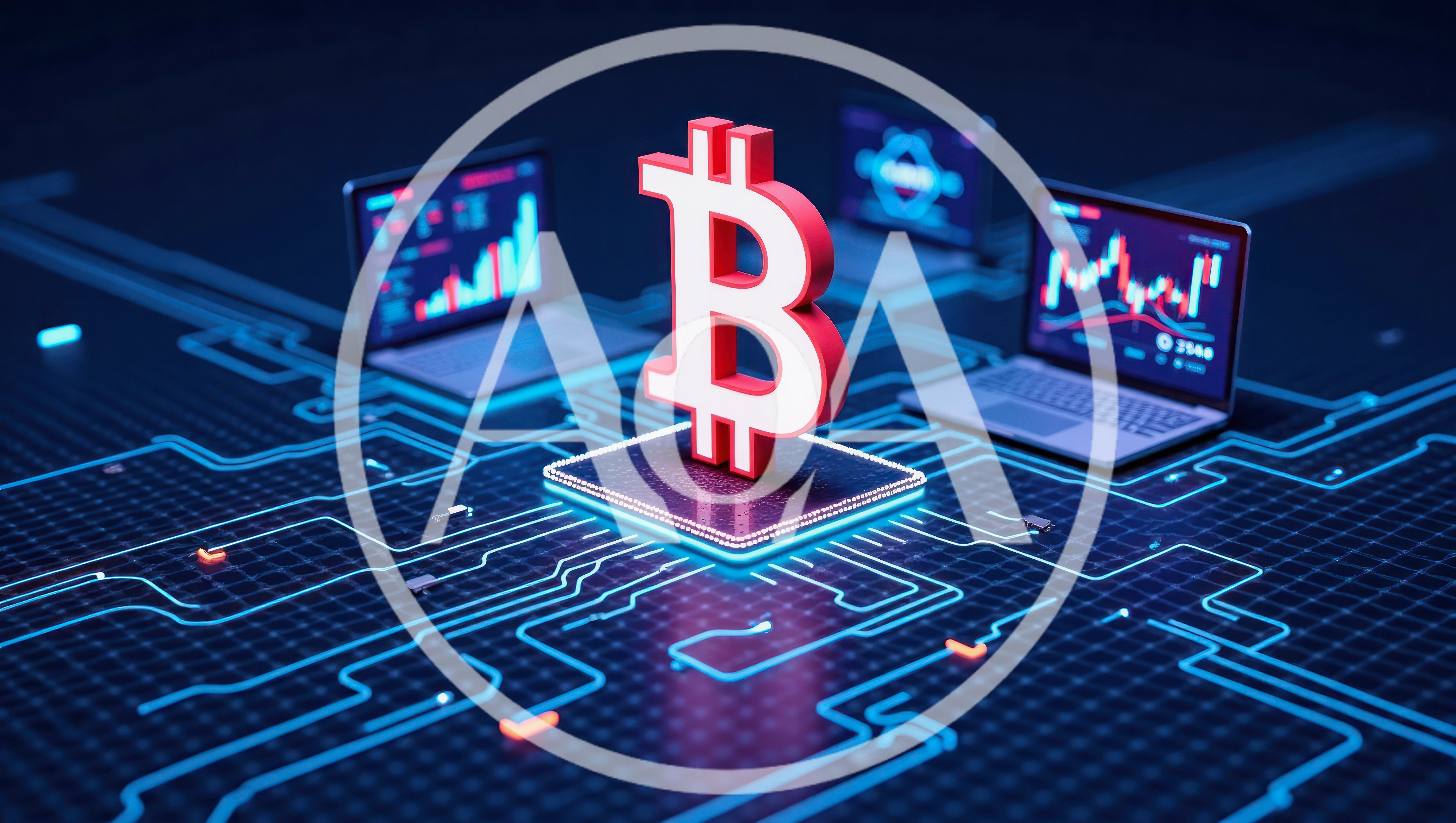 Bitcoin Symbol On Digital Circuit Board With Laptops