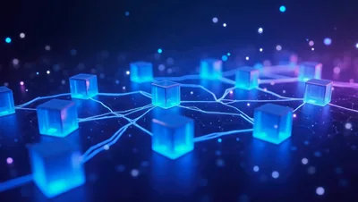 Digital Blockchain Network Nodes Connected By Glowing Data Lines