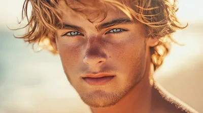 Close Up Portrait Of A Young Man With Blue Eyes