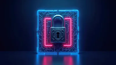 Cybersecurity Concept With Glowing Neon Padlock And Circuitry