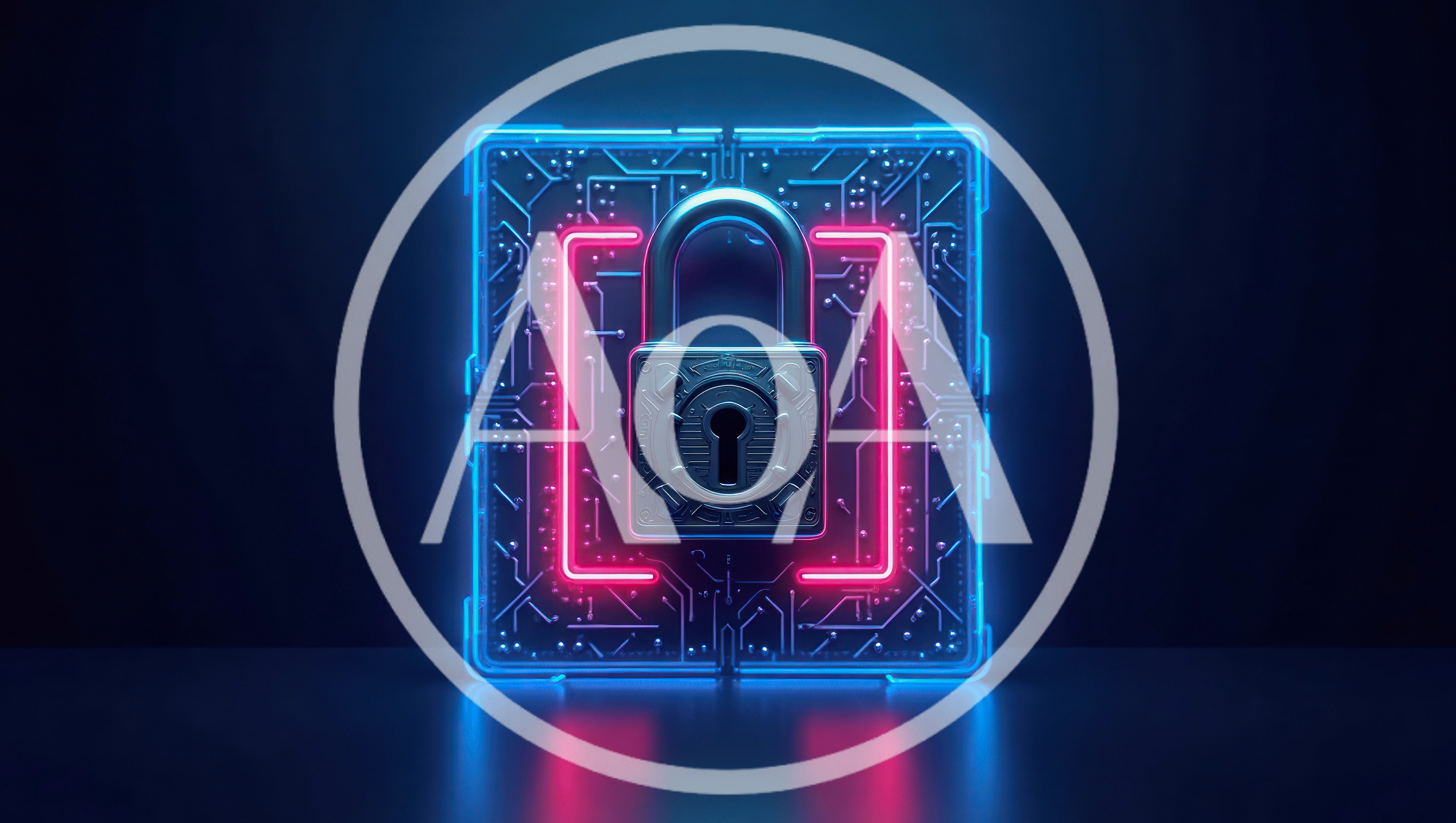 Cybersecurity Concept With Glowing Neon Padlock And Circuitry