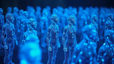 Digital Humanoid Figures Standing In A Virtual Grid